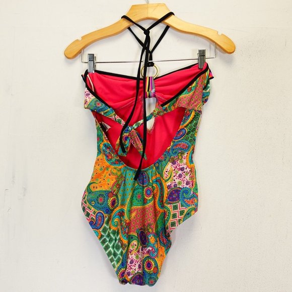 ABS Swimsuit 8 One Piece‎ Floral Paisley Colorful Ruffle Strappy Allen Schwartz - Picture 8 of 9